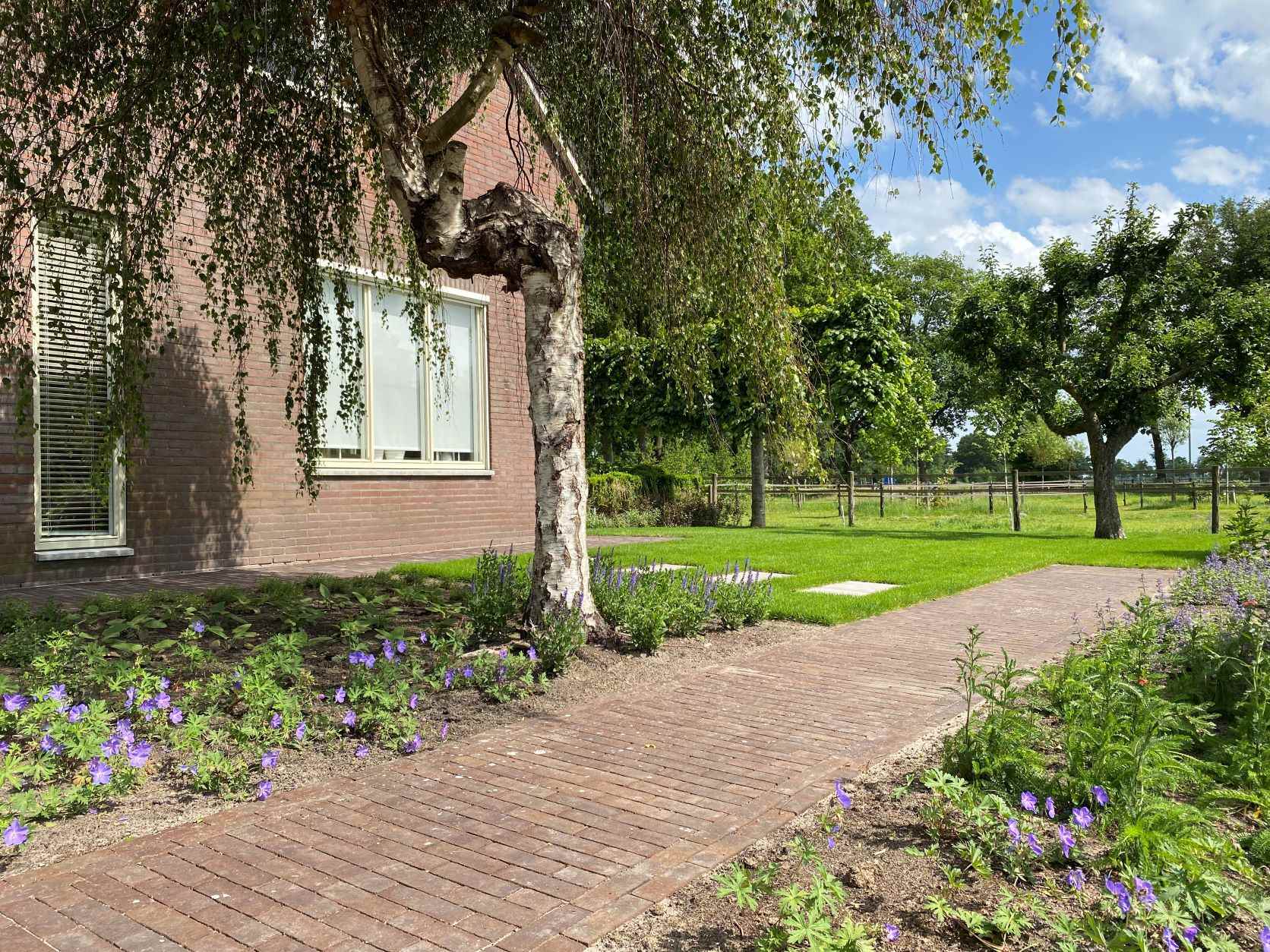 Gebakken bestrating en keramische tegels in een groen gazon